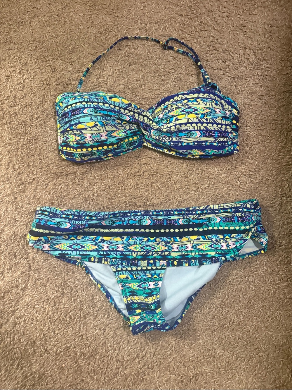 Jessica Simpson Blue Teal Printed Twist Bandeau Bikini